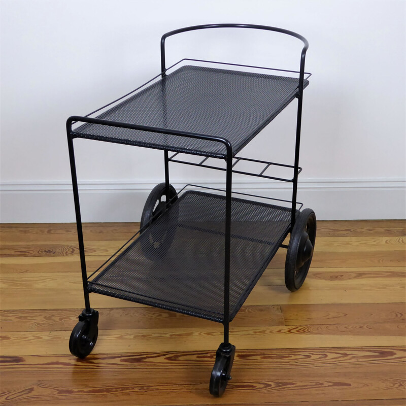 Black perforated steel trolley, Mathieu MATEGOT - 1950s