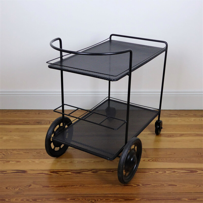 Black perforated steel trolley, Mathieu MATEGOT - 1950s