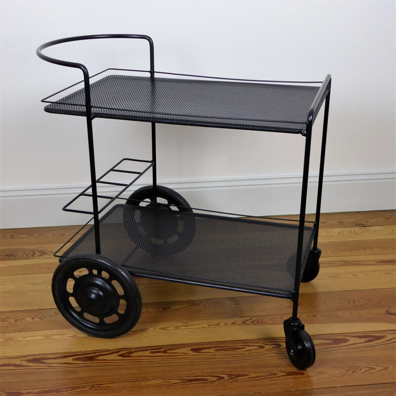 Black perforated steel trolley, Mathieu MATEGOT - 1950s