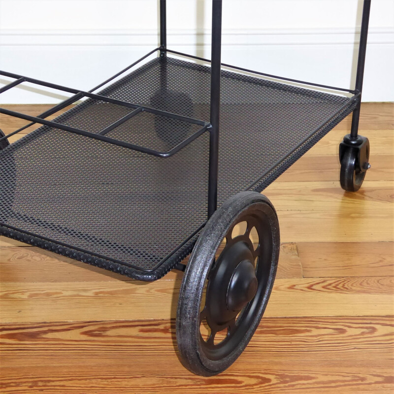 Black perforated steel trolley, Mathieu MATEGOT - 1950s