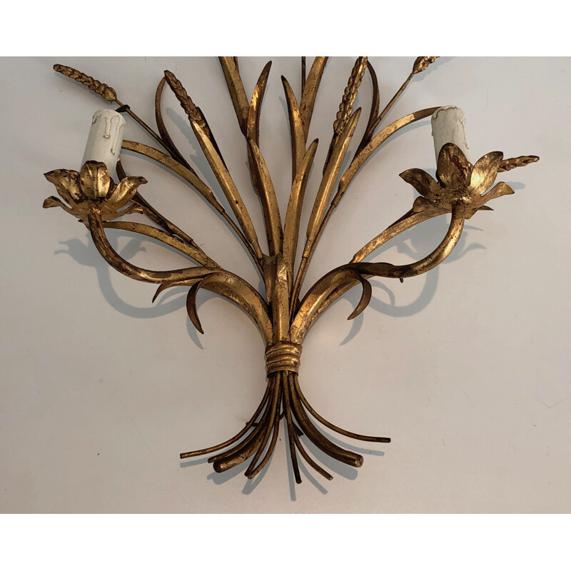 Pair of vintage Coco Channel wall lamps model aux Epis de Blé in gilded metal, France 1970