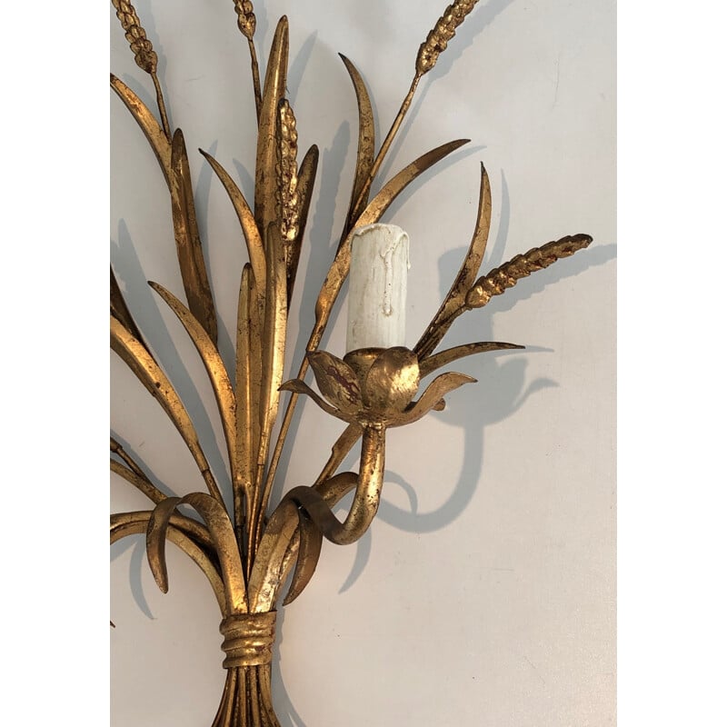 Pair of vintage Coco Channel wall lamps model aux Epis de Blé in gilded metal, France 1970