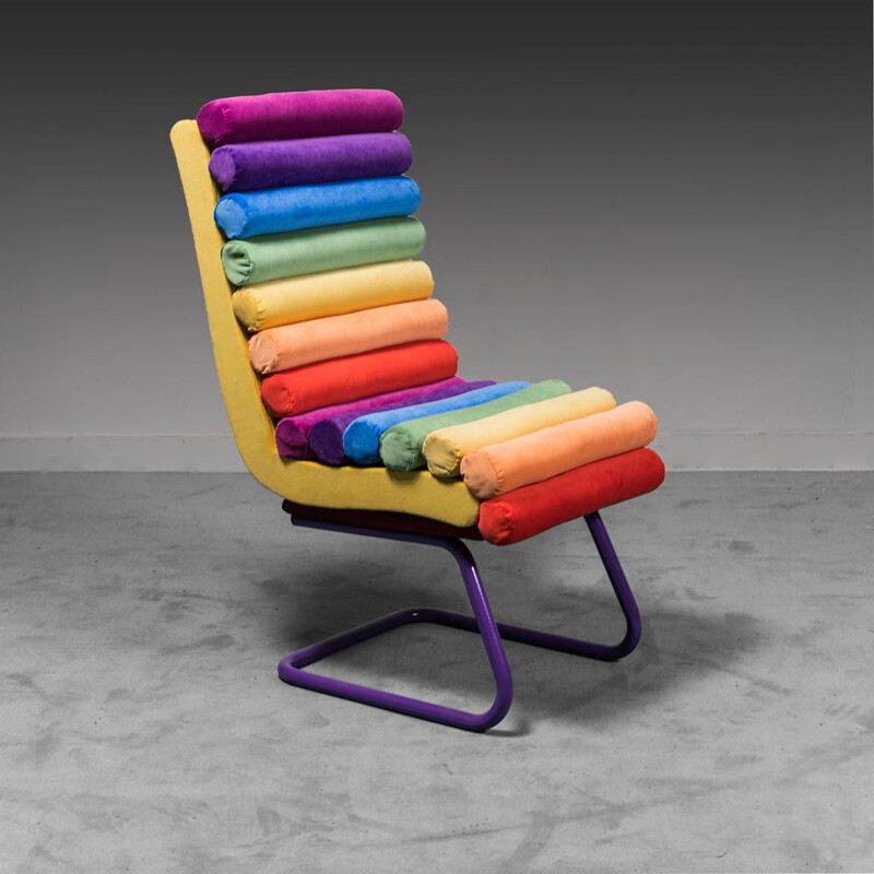 Vintage rainbow velvet and wood armchair, 1970s