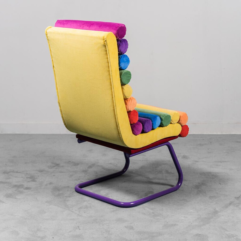 Vintage rainbow velvet and wood armchair, 1970s