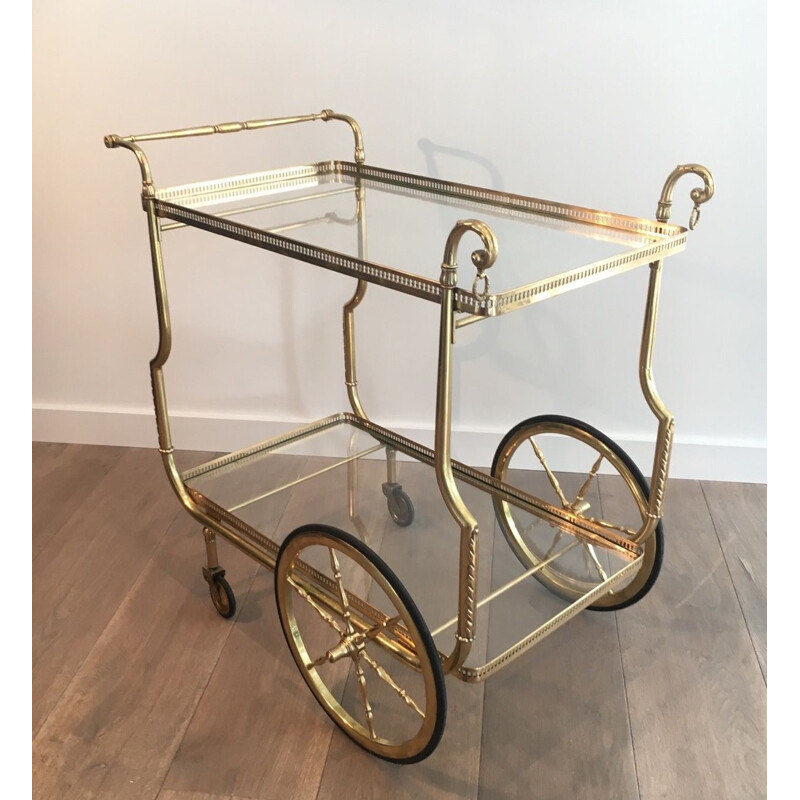 Vintage brass and glass table on wheels by Jasen, France 1940