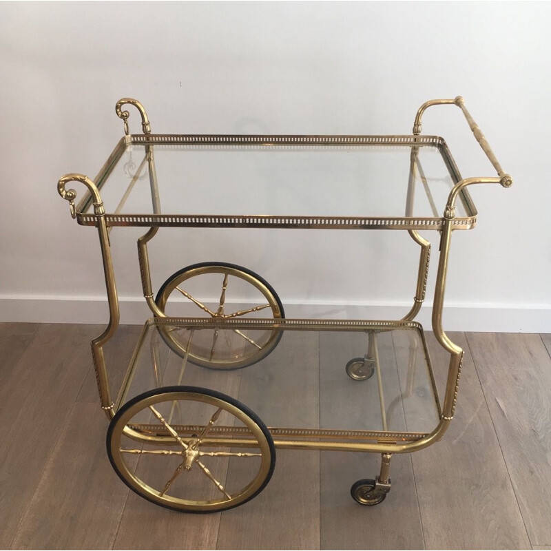 Vintage brass and glass table on wheels by Jasen, France 1940