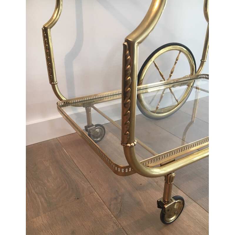 Vintage brass and glass table on wheels by Jasen, France 1940