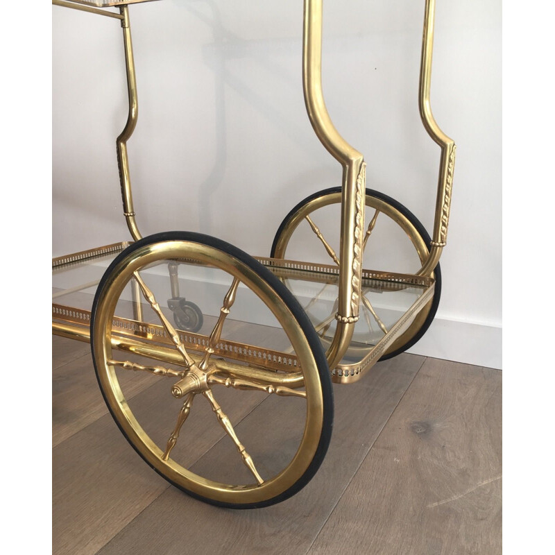 Vintage brass and glass table on wheels by Jasen, France 1940