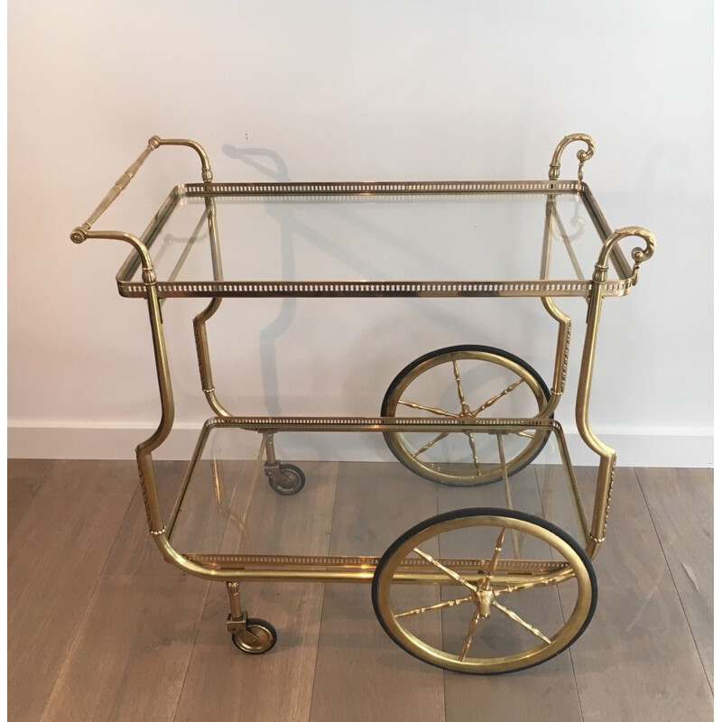 Vintage brass and glass table on wheels by Jasen, France 1940