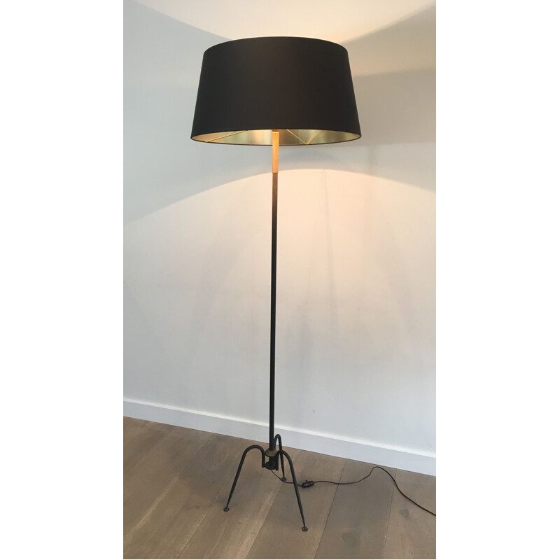 Vintage floor lamp in black lacquered metal and brass, France 1950