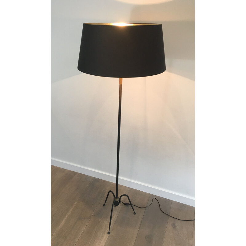 Vintage floor lamp in black lacquered metal and brass, France 1950