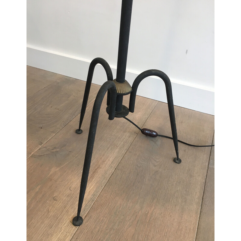 Vintage floor lamp in black lacquered metal and brass, France 1950