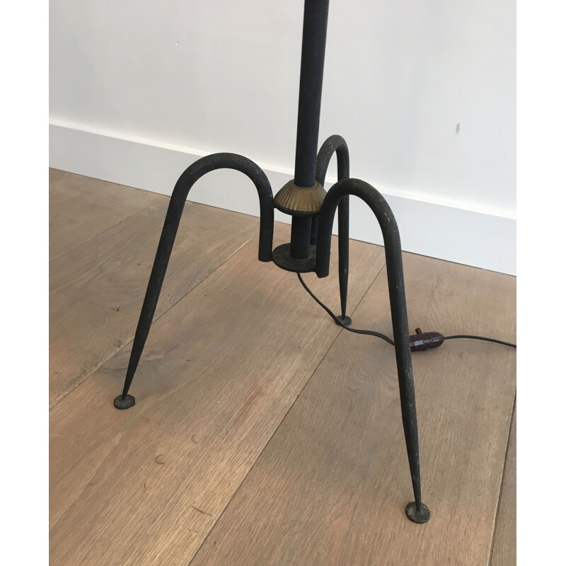 Vintage floor lamp in black lacquered metal and brass, France 1950