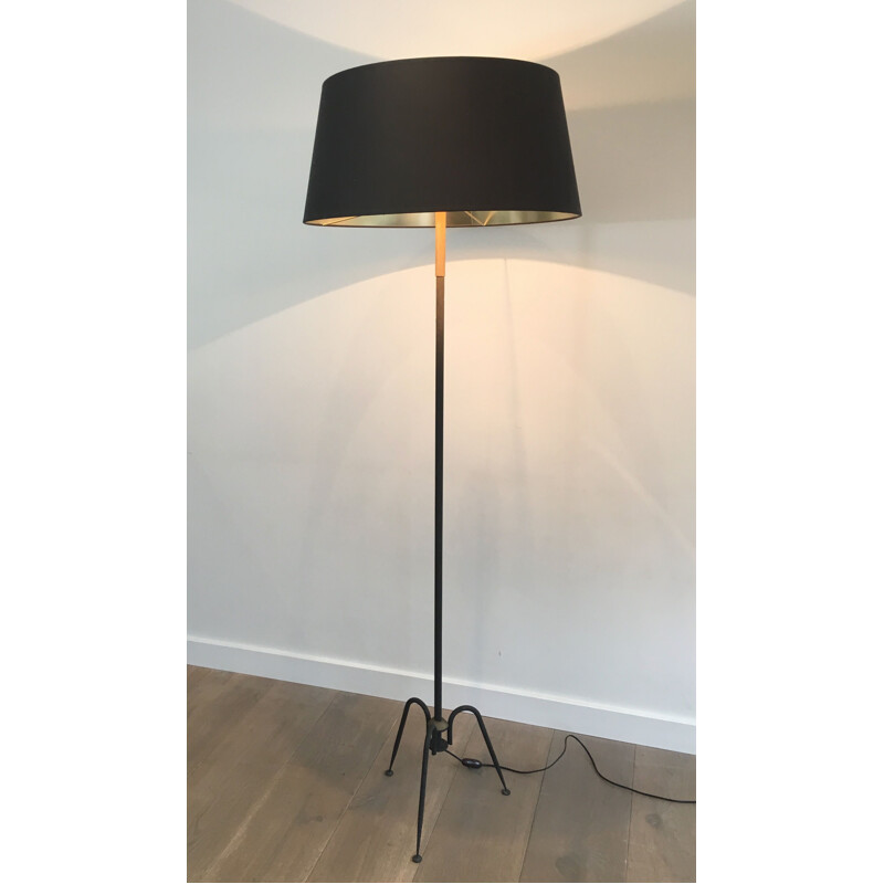 Vintage floor lamp in black lacquered metal and brass, France 1950