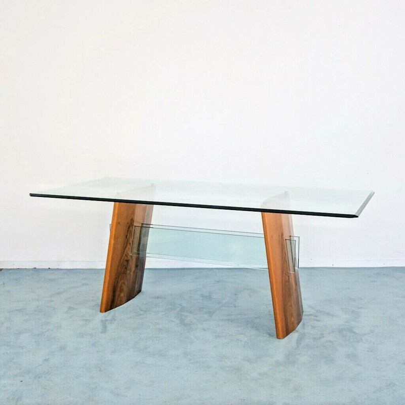 Table vintage en verre et bois, 1980