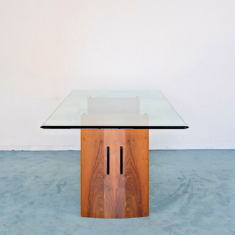 Mesa vintage de cristal y madera, 1980