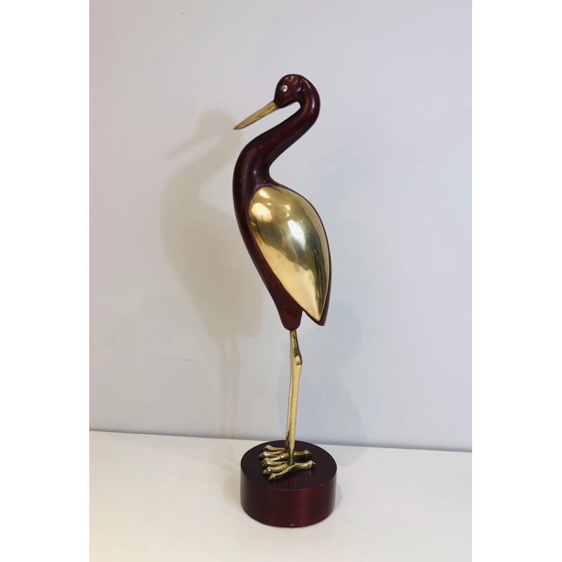 Vintage decorative bird in exotic wood and brass, France 1970