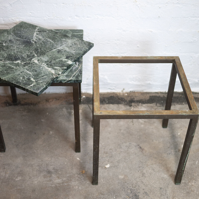 Pair of vintage brass and green marble square side tables, 1980s