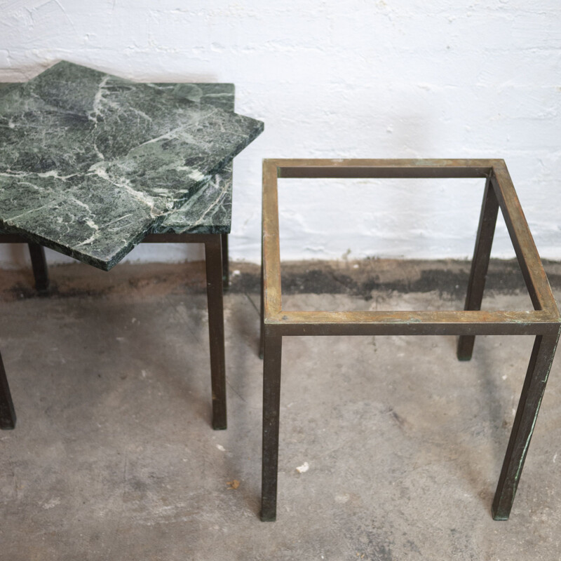 Paire de tables d'appoint carrées vintage en laiton et marbre vert, 1980