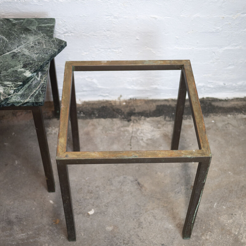 Pair of vintage brass and green marble square side tables, 1980s