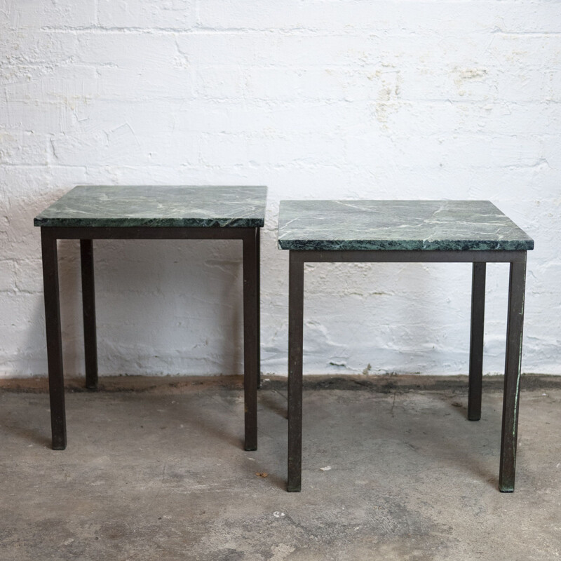 Pair of vintage brass and green marble square side tables, 1980s