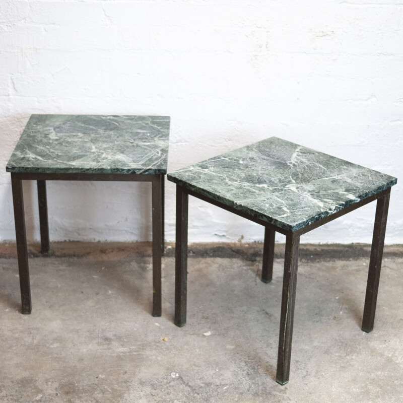 Paire de tables d'appoint carrées vintage en laiton et marbre vert, 1980
