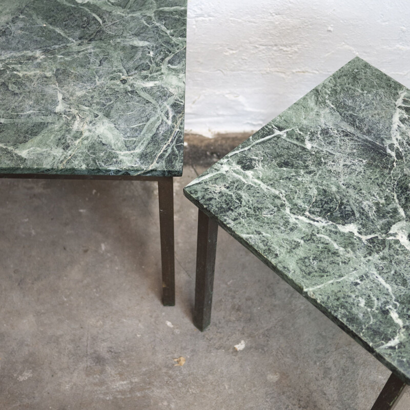 Pair of vintage brass and green marble square side tables, 1980s