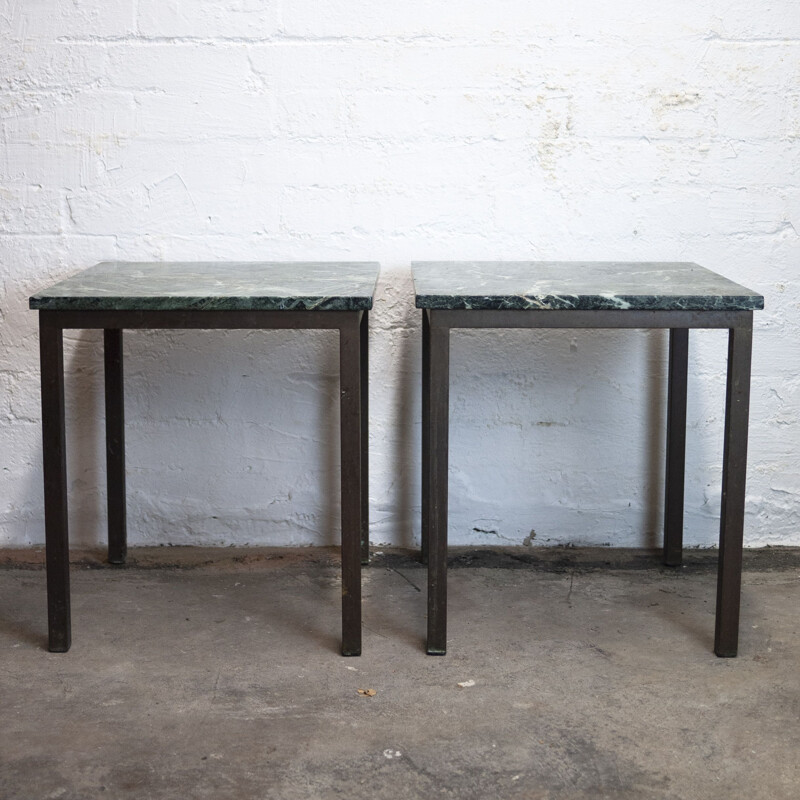 Pair of vintage brass and green marble square side tables, 1980s