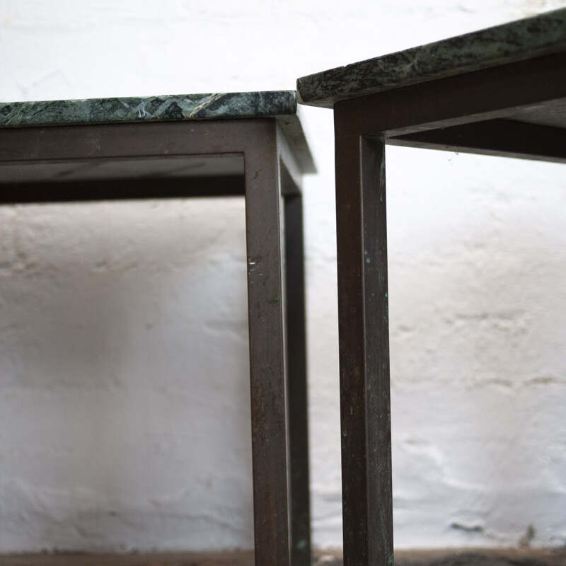 Pair of vintage brass and green marble square side tables, 1980s