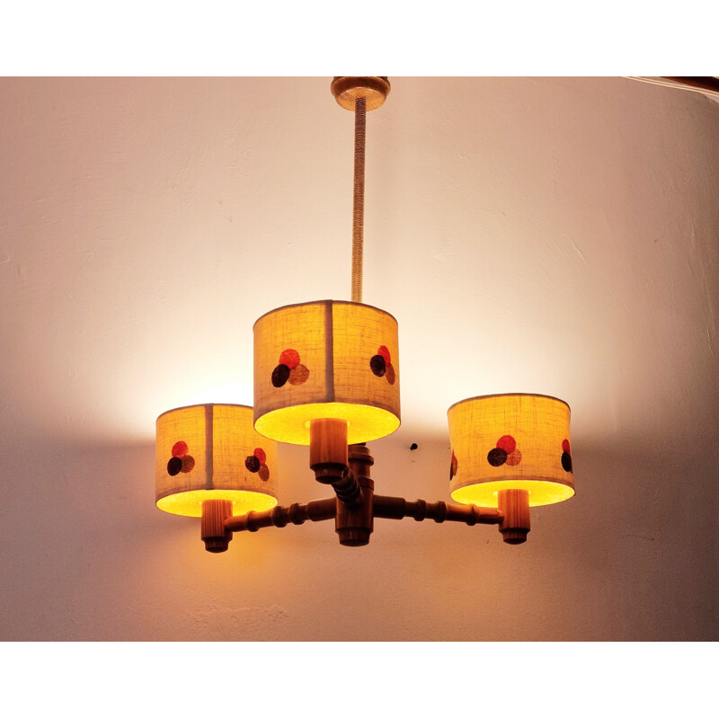 Lampadario vintage a 3 luci in pino e vetro di Temde Leuchten