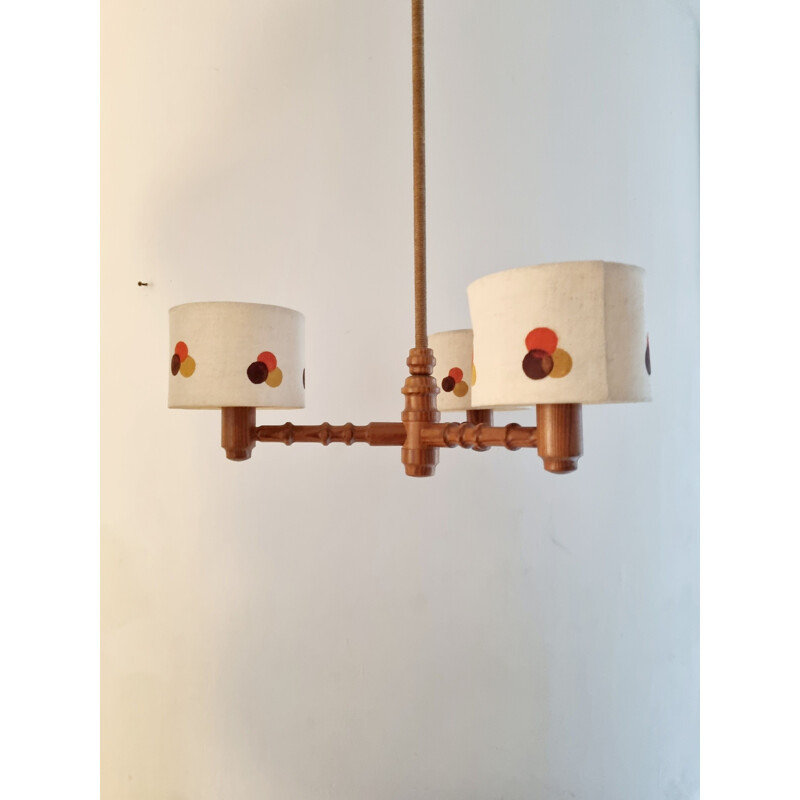 Vintage chandelier with 3 lights in pine and glass from Temde Leuchten