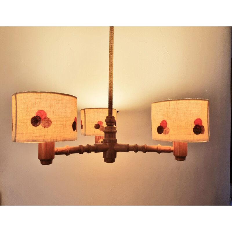 Lustre vintage avec 3 lumières en pin et firbre de verre de Temde Leuchten