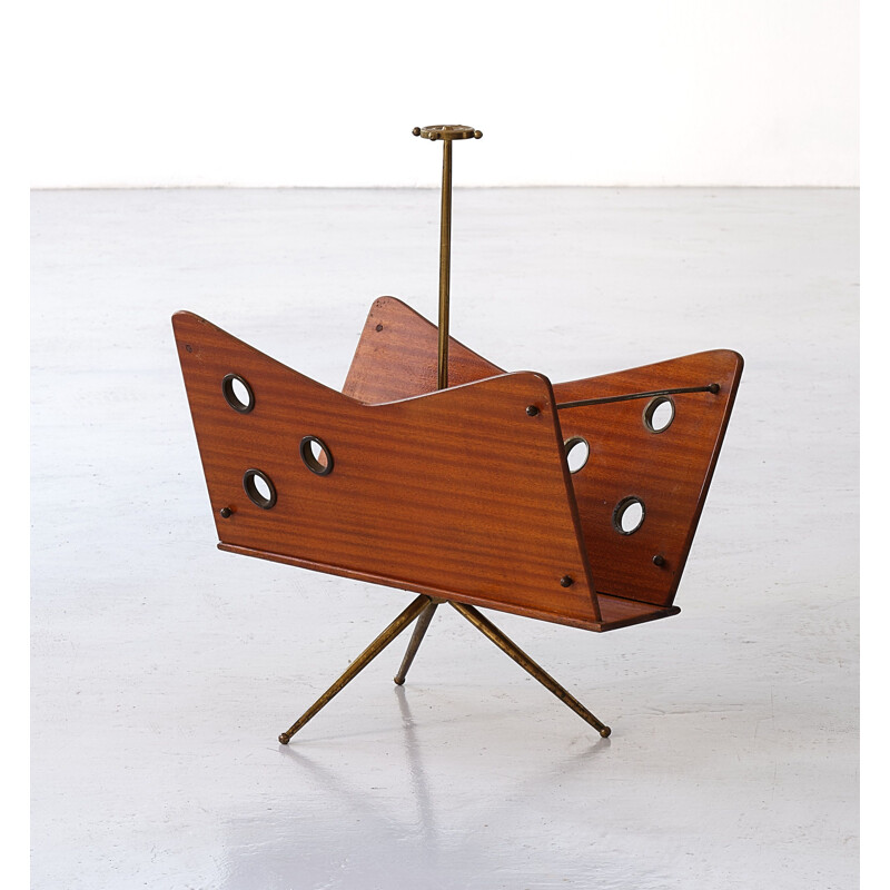 Vintage Italian magazine rack in mahogany and brass, 1950s