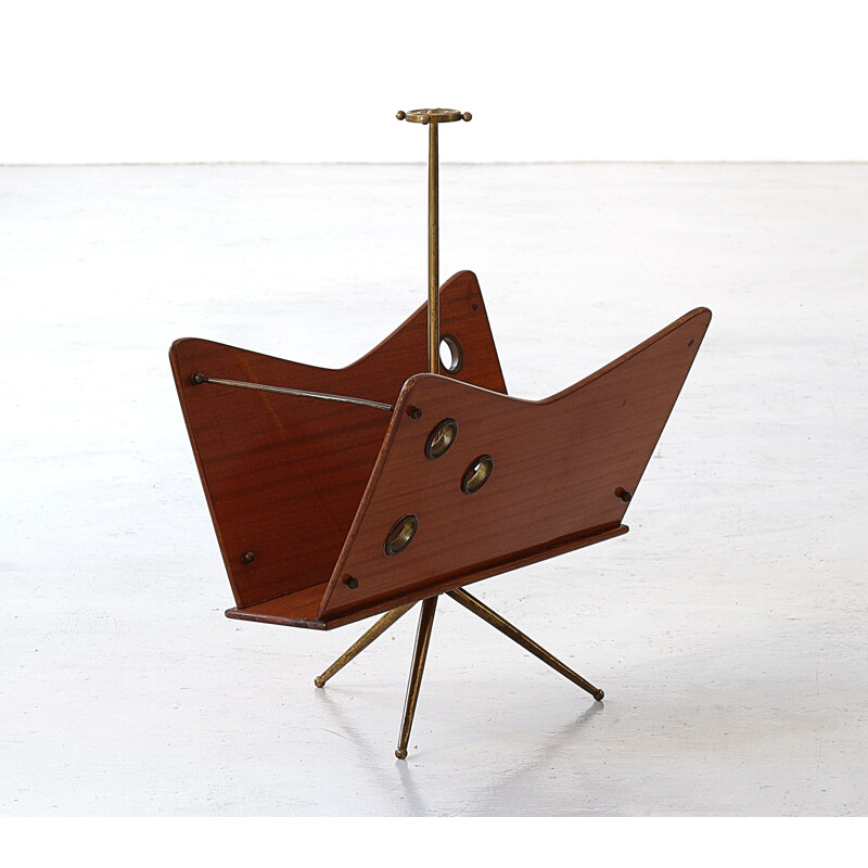 Vintage Italian magazine rack in mahogany and brass, 1950s