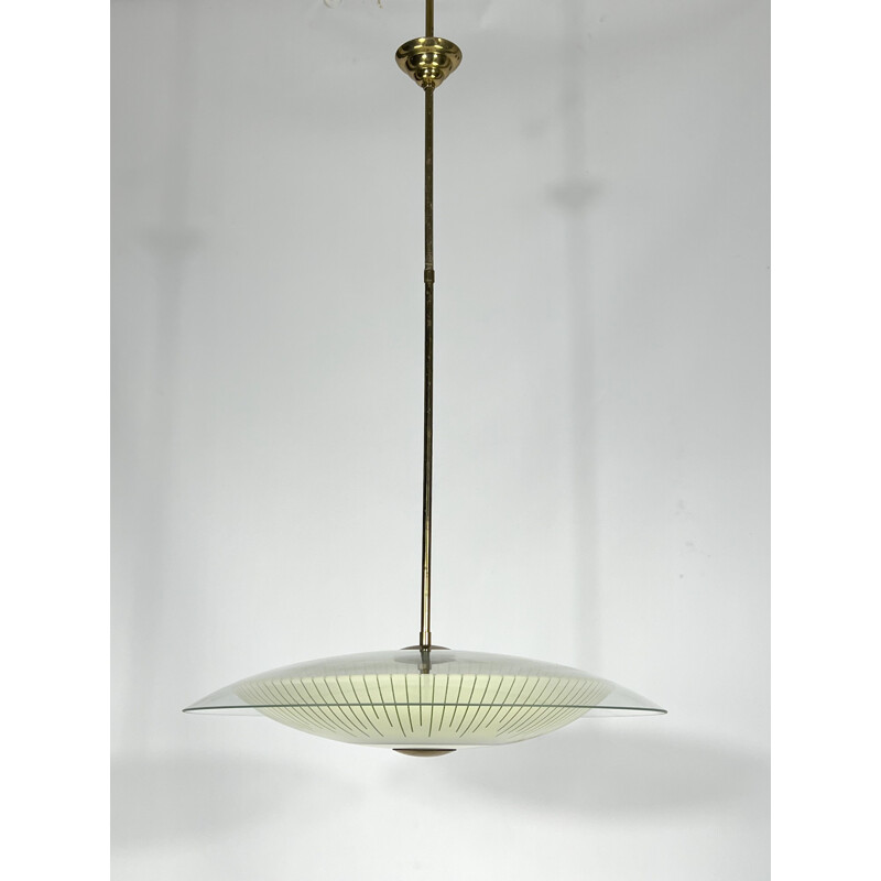 Lampadario vintage in vetro curvato e ottone, Italia 1950