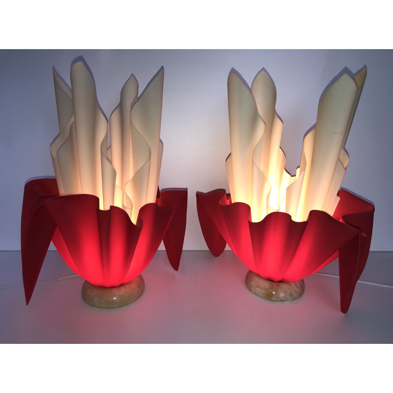 Pair of two-tone vintage handkerchief lamps with marble base
