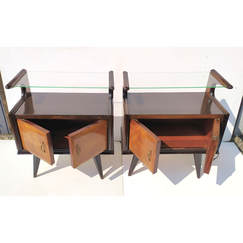 Paire de tables de chevet vintage en bois et verre de Paolo Buffa, 1940