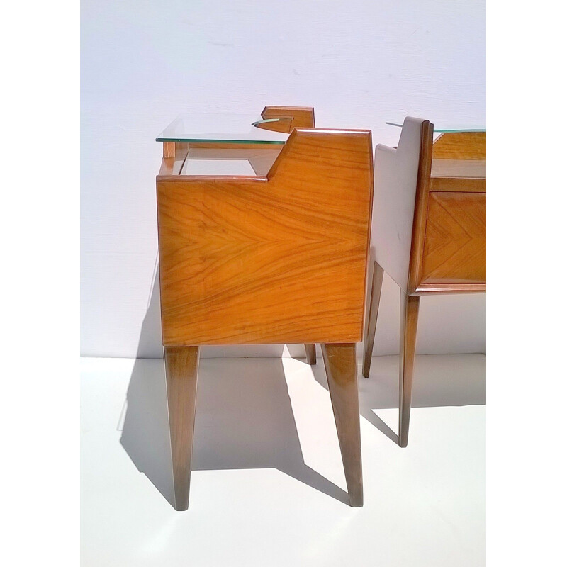 Par de teca vintage e mesas de cabeceira de vidro por Paolo Buffa, 1940