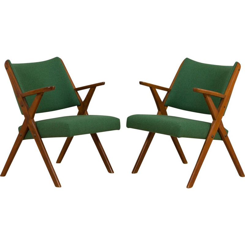 Pair of vintage Dal Vera model 3011 armchairs in green wool by Colegoano Italia, 1950s