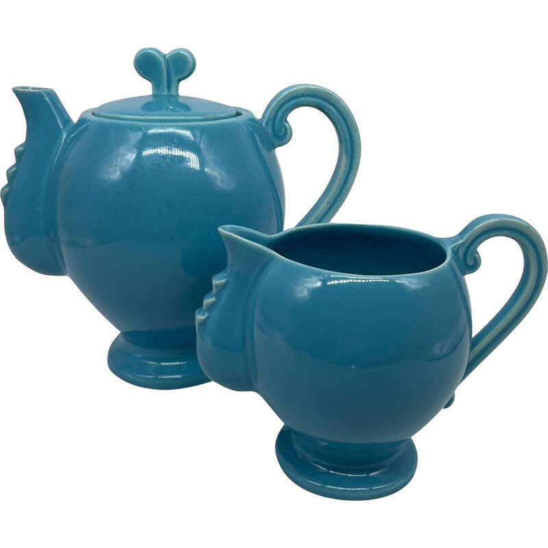 Vintage teapot with milk jug by Jean Pobery, 1930