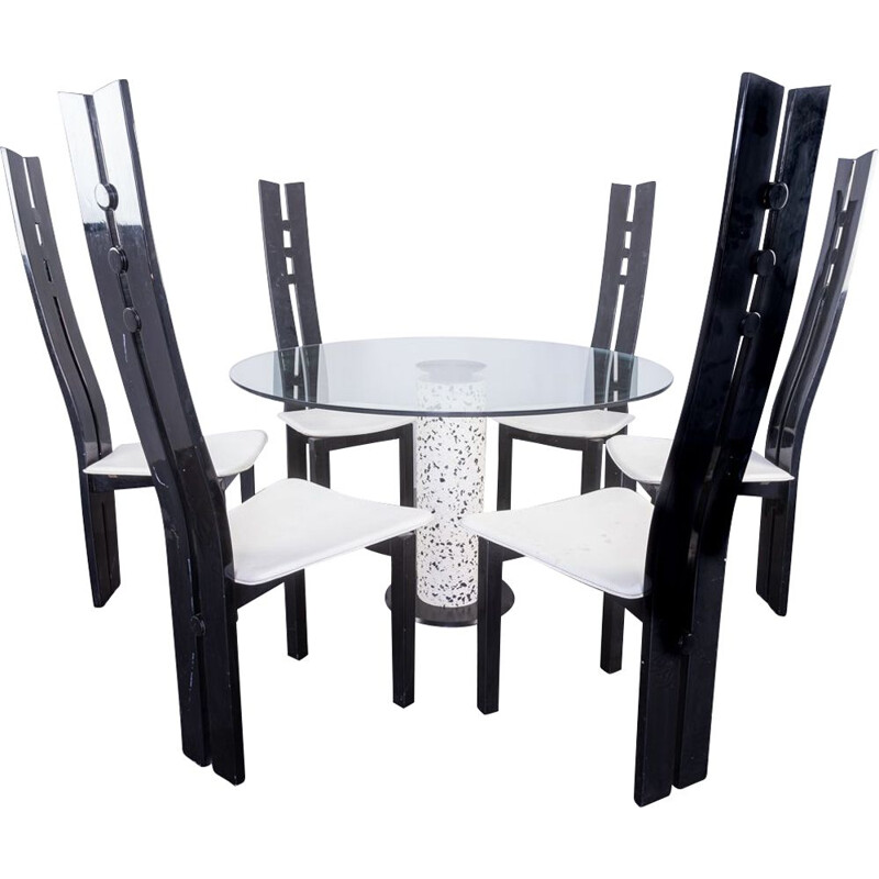 Vintage dining set in black lacquered wood and glass, 1980s