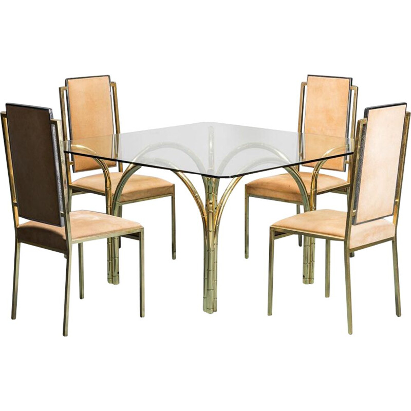 Vintage dining set in golden metal and glass, 1970s