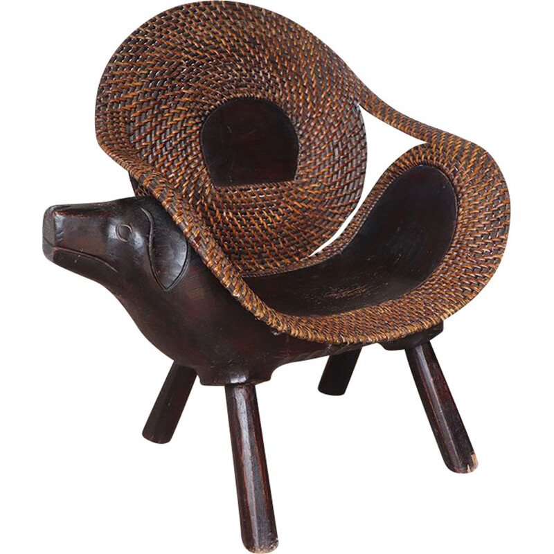 Vintage armchair in carved wood and rattan, 1960