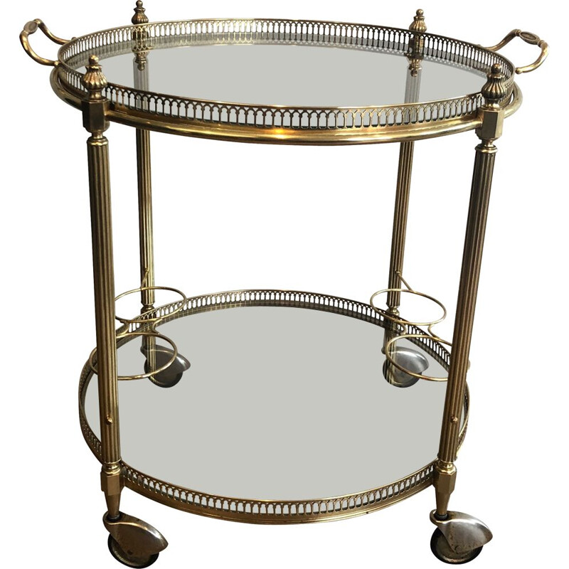 Vintage brass and glass serving table on wheels by Jansen, 1940