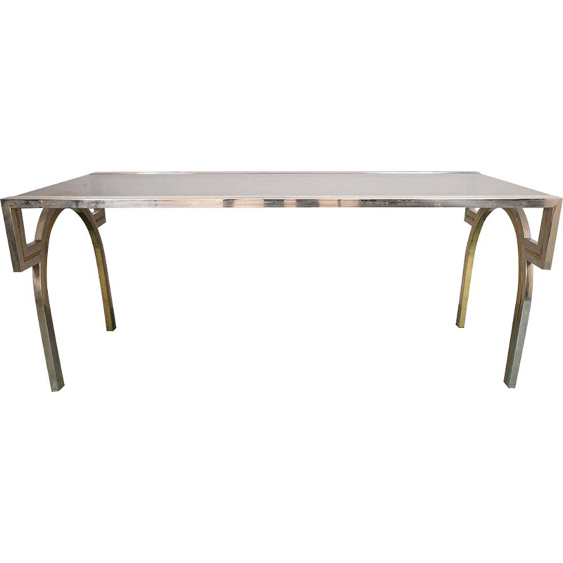 Vintage dining table in chromed metal and smoked glass, 1970s