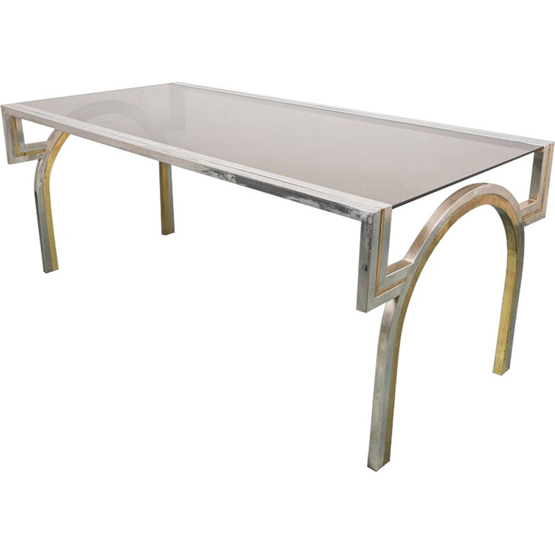 Vintage dining table in chromed metal and smoked glass, 1970s