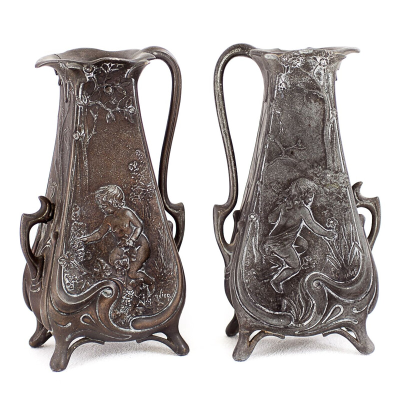 Pair of vintage pewter ewers by Jean Garnier for art nouveau, 1900