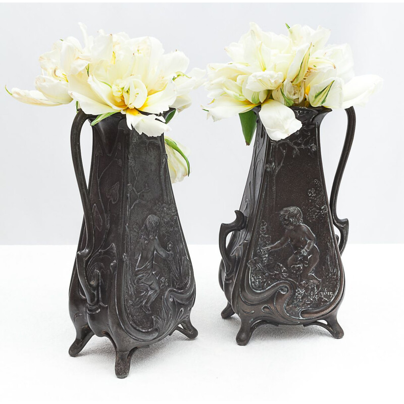 Pair of vintage pewter ewers by Jean Garnier for art nouveau, 1900