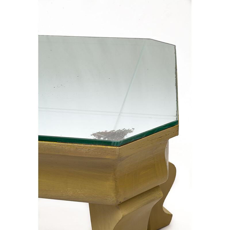 Vintage wood side table with mirrored top, 1940