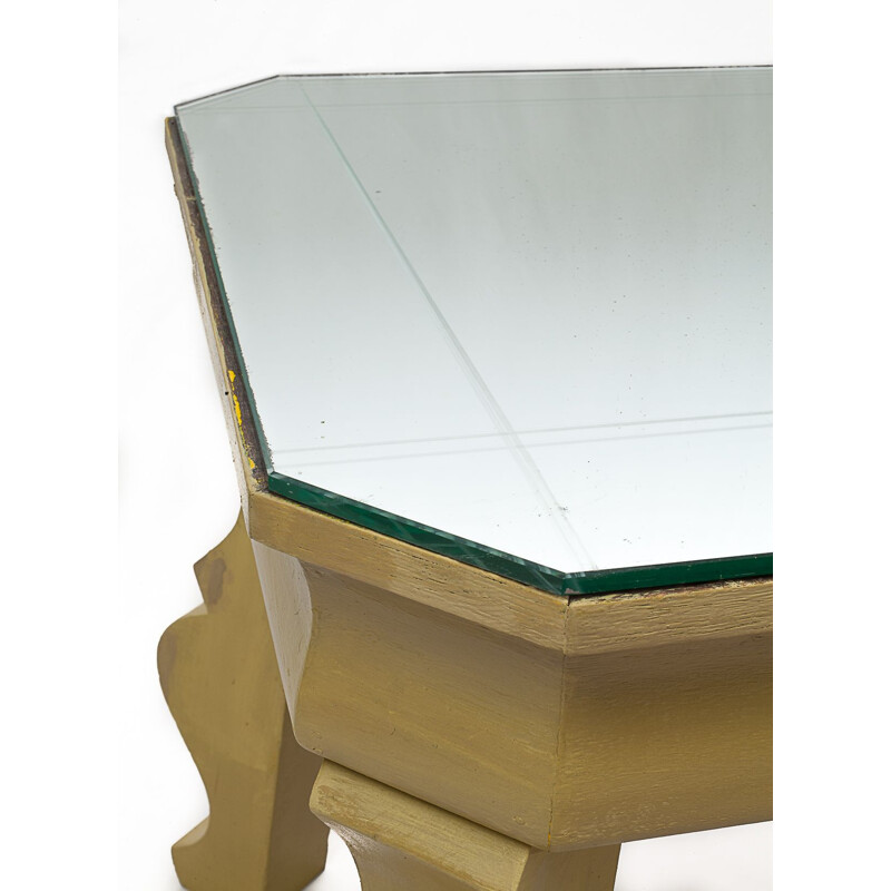 Vintage wood side table with mirrored top, 1940